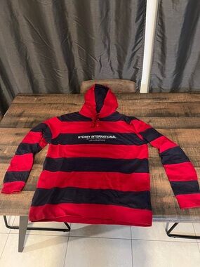 Stussy Red and Black Striped Hoodie Sweatshirt